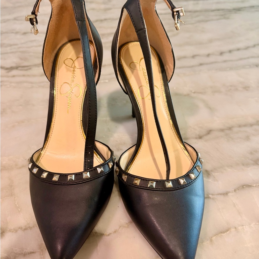 Pointed Black Studded Ankle-Strap Heels by Jessica Simpson